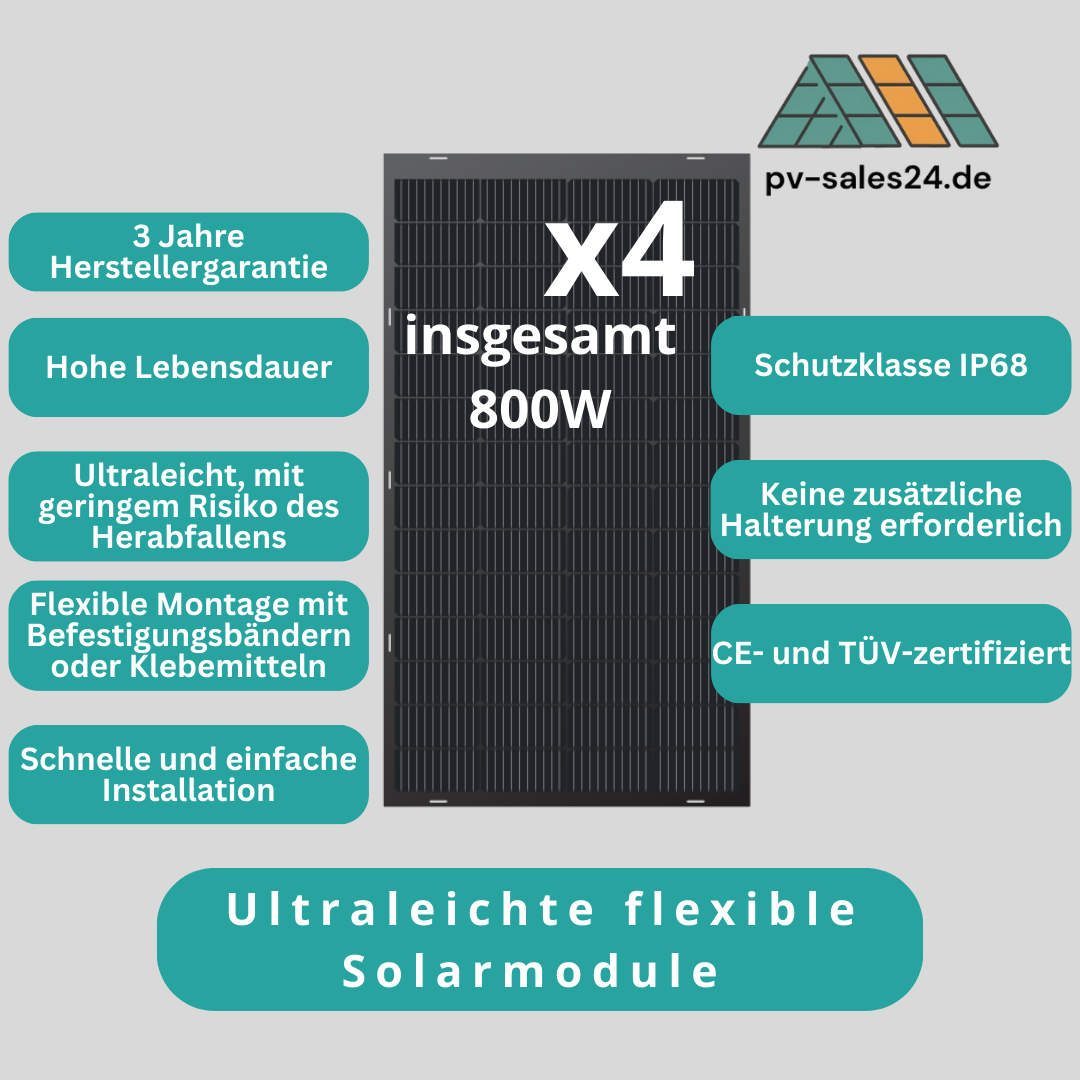 4 x PolyshineSolar 200W flexibles IP68 Solarpanel hocheffizient Solarmodule für Balkonkraftwerke und Boote