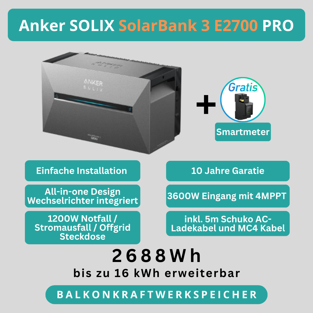 Anker SOLIX Solarbank 3 E2700 Pro + Smarter Zähler (Gratis) Solarspeicher Balkonkraftwerk All In One Speicher Erweiterbar mit Extra-Rabatt sichern