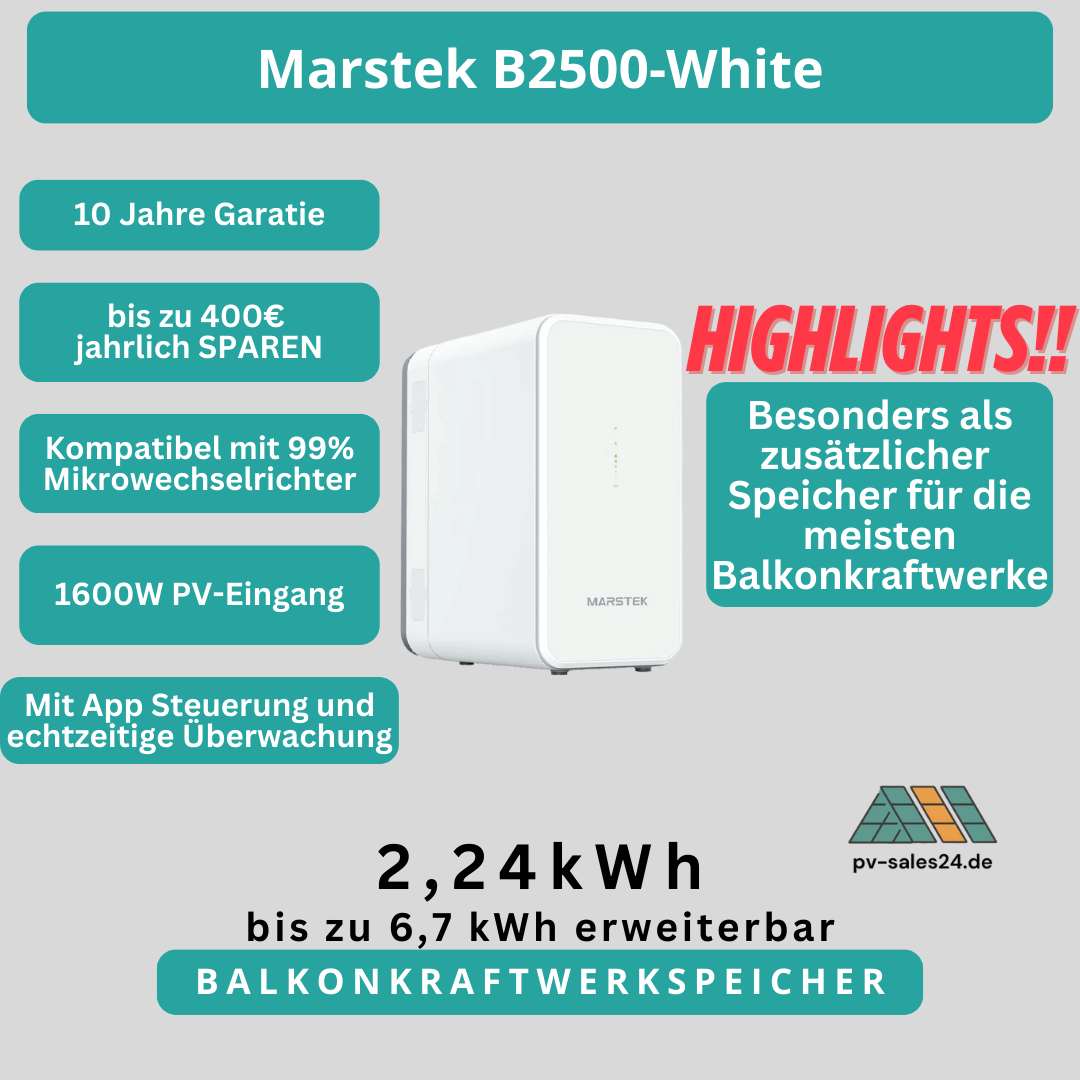 Balkonkraftwerkspeicher Marstek B2500-White mit 2,24kWh Kapazität und 1600W PV-Eingang auch als Zusatzakku