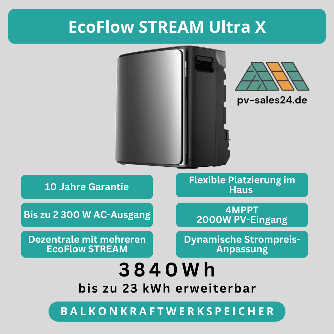 EcoFlow Stream Ultra X – Kraftvolles Balkonkraftwerk mit 3,84 kWh Speicher, bis zu 2300 W Ausgangsleistung und flexibler Platzierung