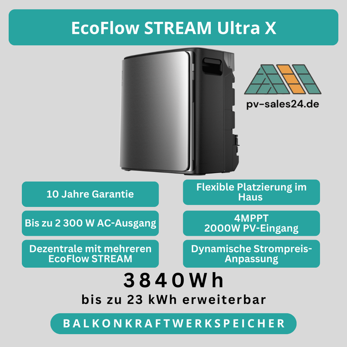 EcoFlow Stream Ultra X – Kraftvolles Balkonkraftwerk mit 3,84 kWh Speicher, bis zu 2300 W Ausgangsleistung und flexibler Platzierung