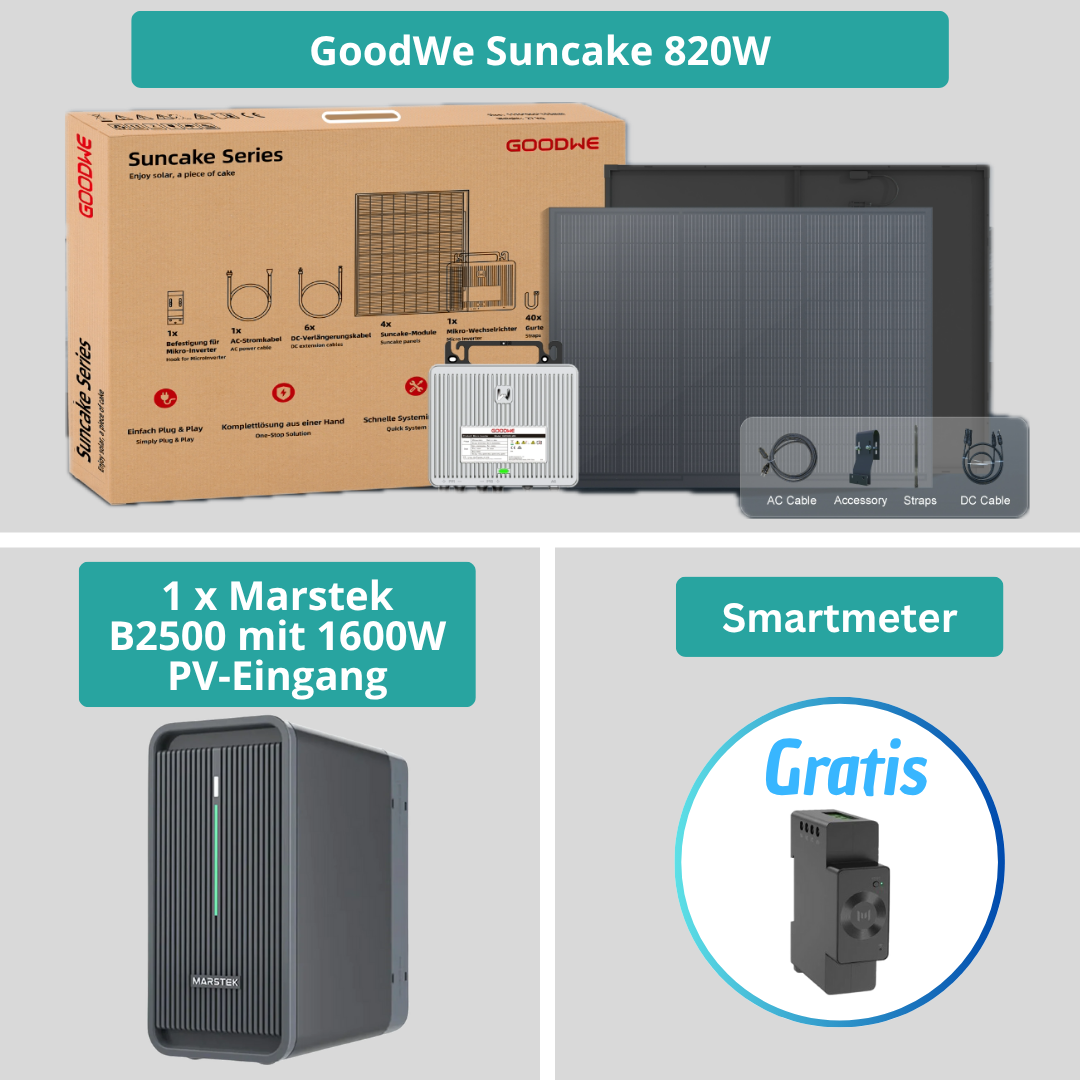 GoodWe Suncake Balkonkraftwerk Flexible Module 820 Watt mit Marstek B2500 Speicher, CT002 Smart Meter und Wechselrichter