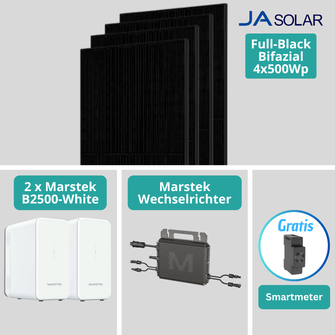 Marstek 2000W Balkonkraftwerk-Komplettset mit B2500-D Speicher, CT002 Smart Meter, MI0800 Wechselrichter & JA Solar Modulen