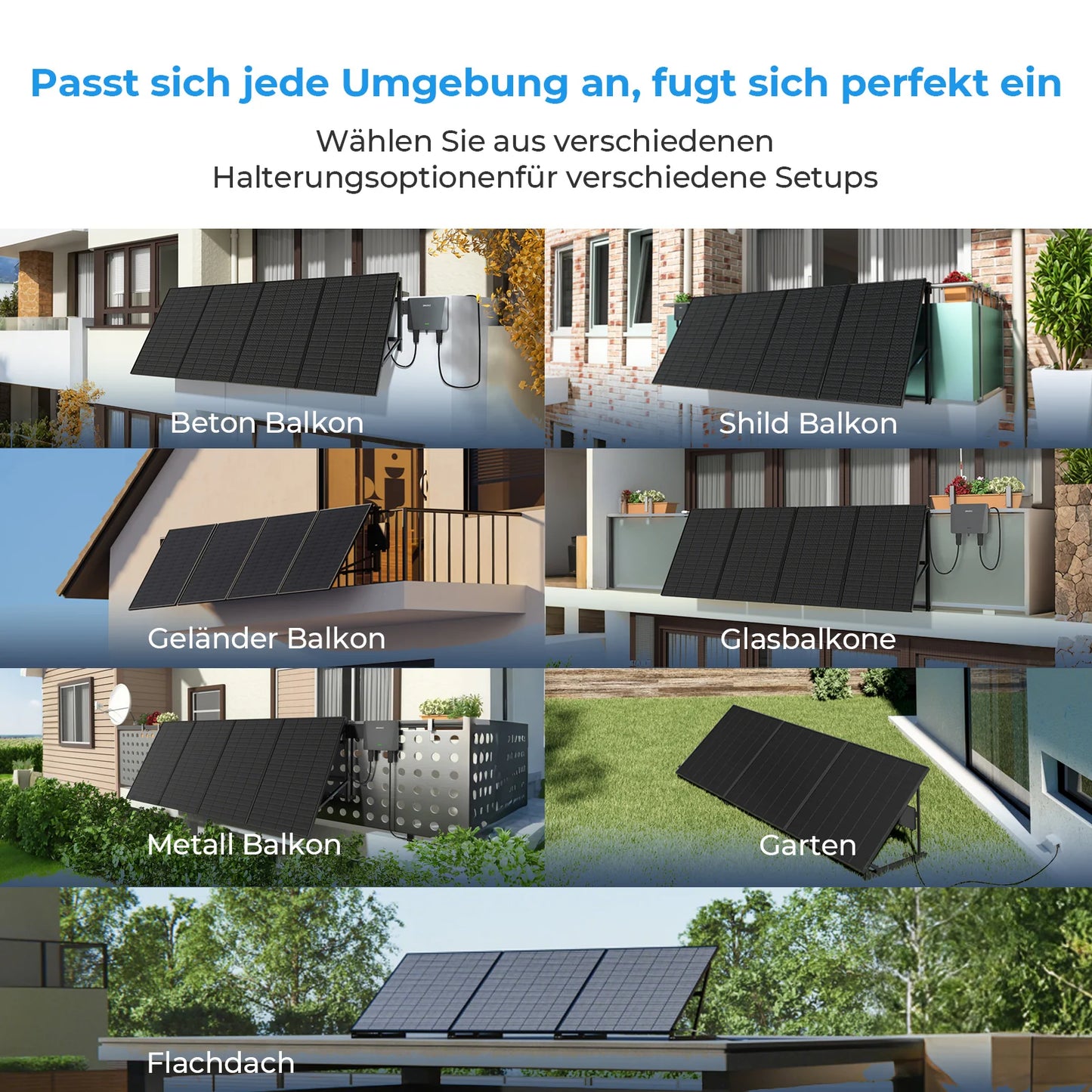 Sunshare Ray 800W Balkonkraftwerk – passende Halterung für verschiedene Balkonbrüstungen