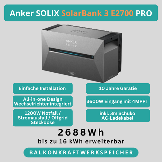 Anker SOLIX Solarbank 3 E2700 Pro Solarspeicher Balkonkraftwerk All In One Speicher Erweiterbar