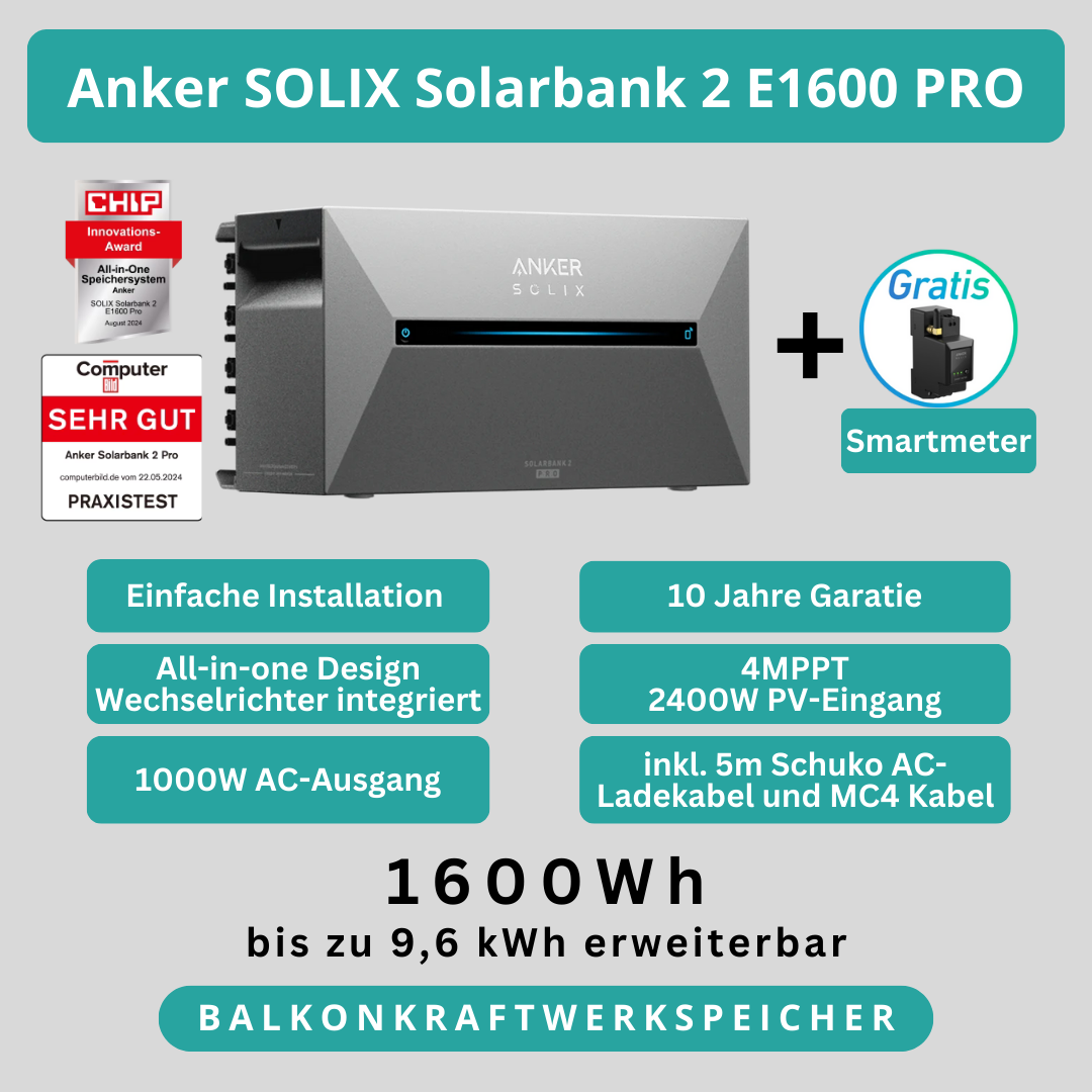 Anker Solix Solarbank 2 E1600 Pro Balkonkraftwerk-Komplettset 2000W