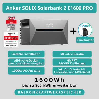 Anker Solix Solarbank 2 E1600 Pro Balkonkraftwerk-Komplettset 2000W