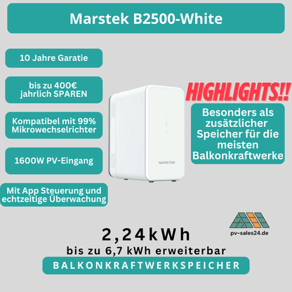 Balkonkraftwerkspeicher Marstek B2500-White mit 2,24kWh Kapazität und 1600W PV-Eingang auch als Zusatzakku