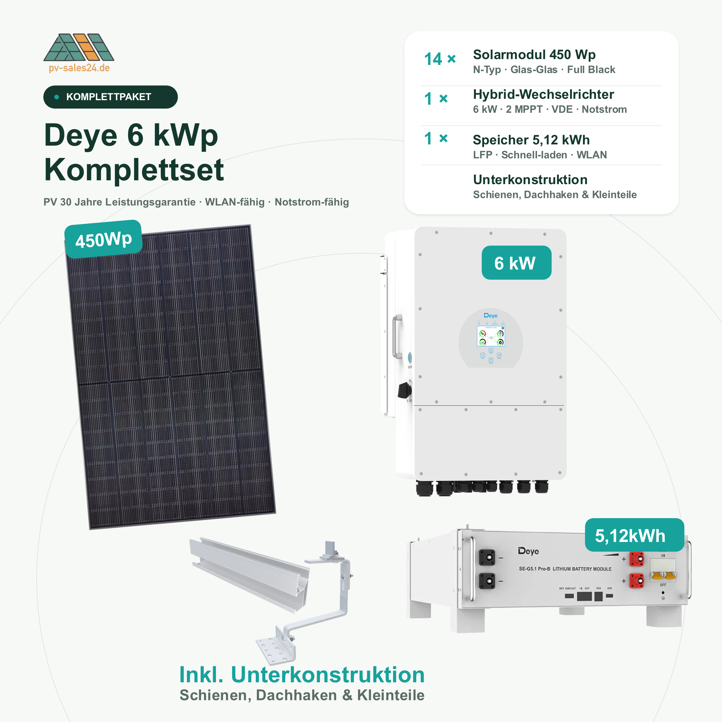 Deye 6 kWp Solar Komplettset – 14× 450 Wp Full Black, 6 kW Hybrid-Wechselrichter & 5,12 kWh Speicher