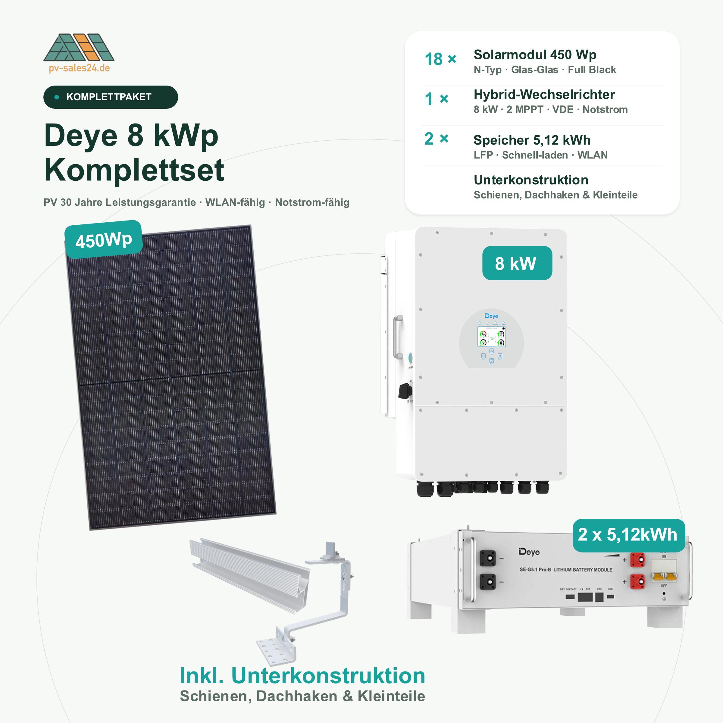 Deye 8 kWp Komplettset: 18 Solarmodule 450 Wp Full Black, 8 kW Hybrid-Wechselrichter, 10,24 kWh Speicher und Unterkonstruktion