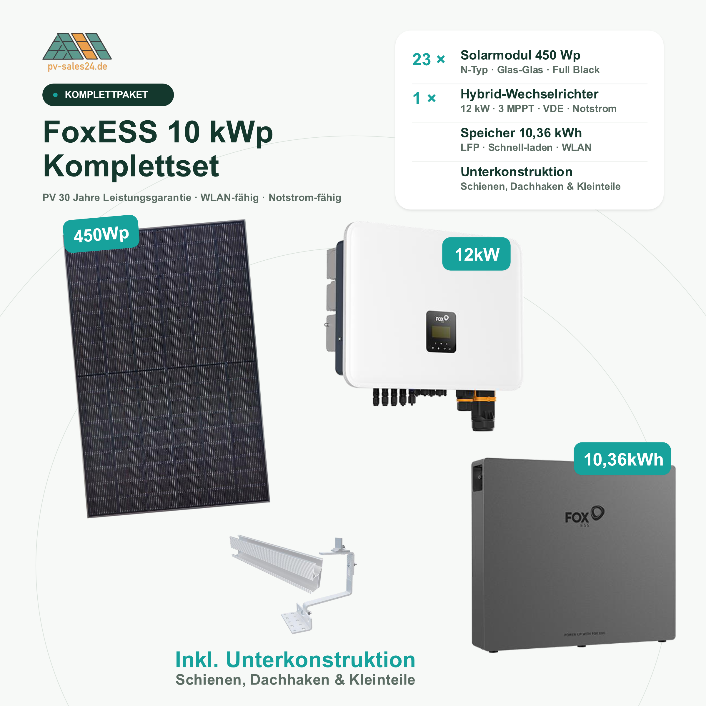 FoxESS 10 kWp Komplettset: 23 Solarmodule 450 Wp Full Black, 12 kW Hybrid-Wechselrichter, 10,36 kWh Speicher und Unterkonstruktion