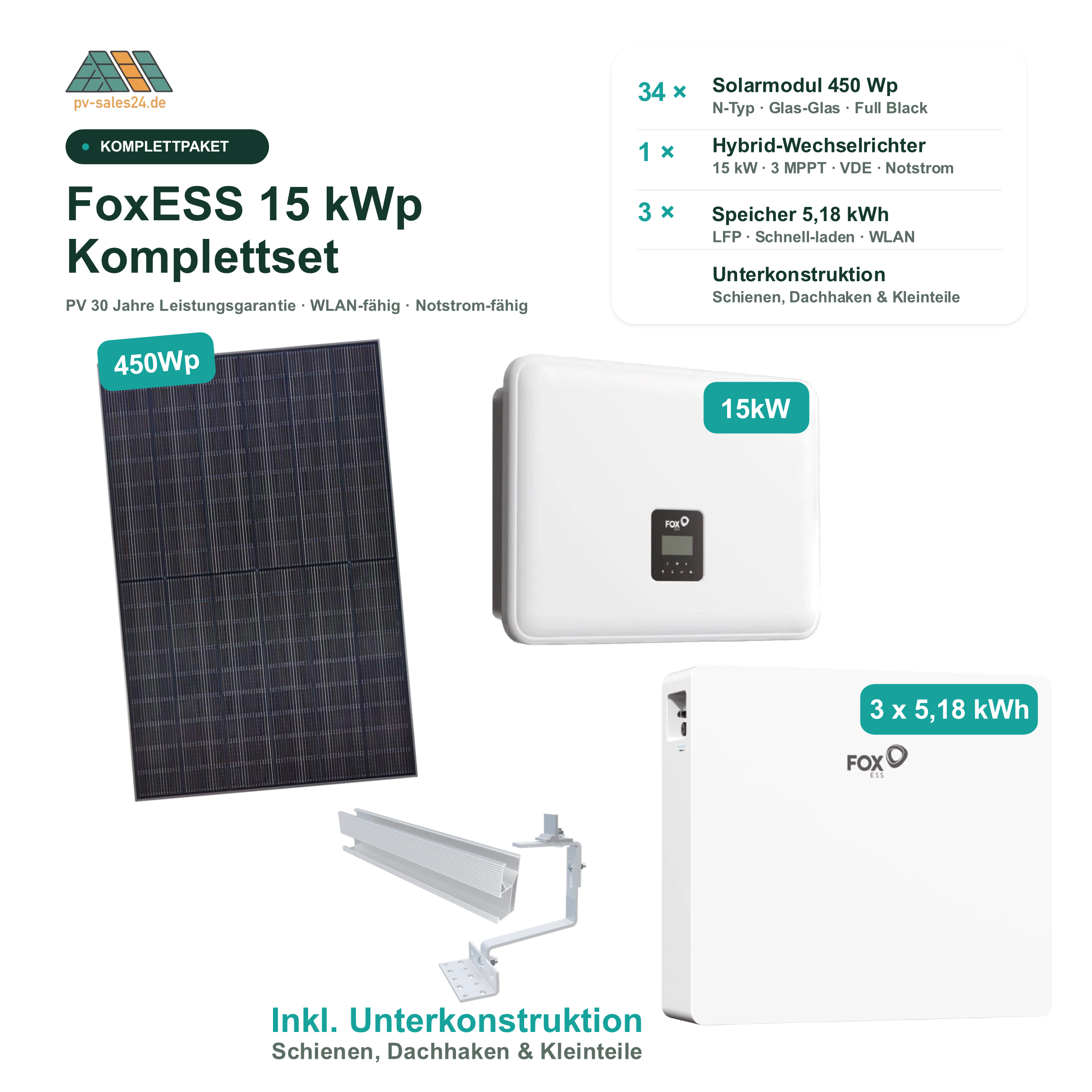 FoxESS 15 kWp Komplettset: 34 Solarmodule 450 Wp Full Black, 15 kW Hybrid-Wechselrichter, 15,54 kWh Speicher und Unterkonstruktion
