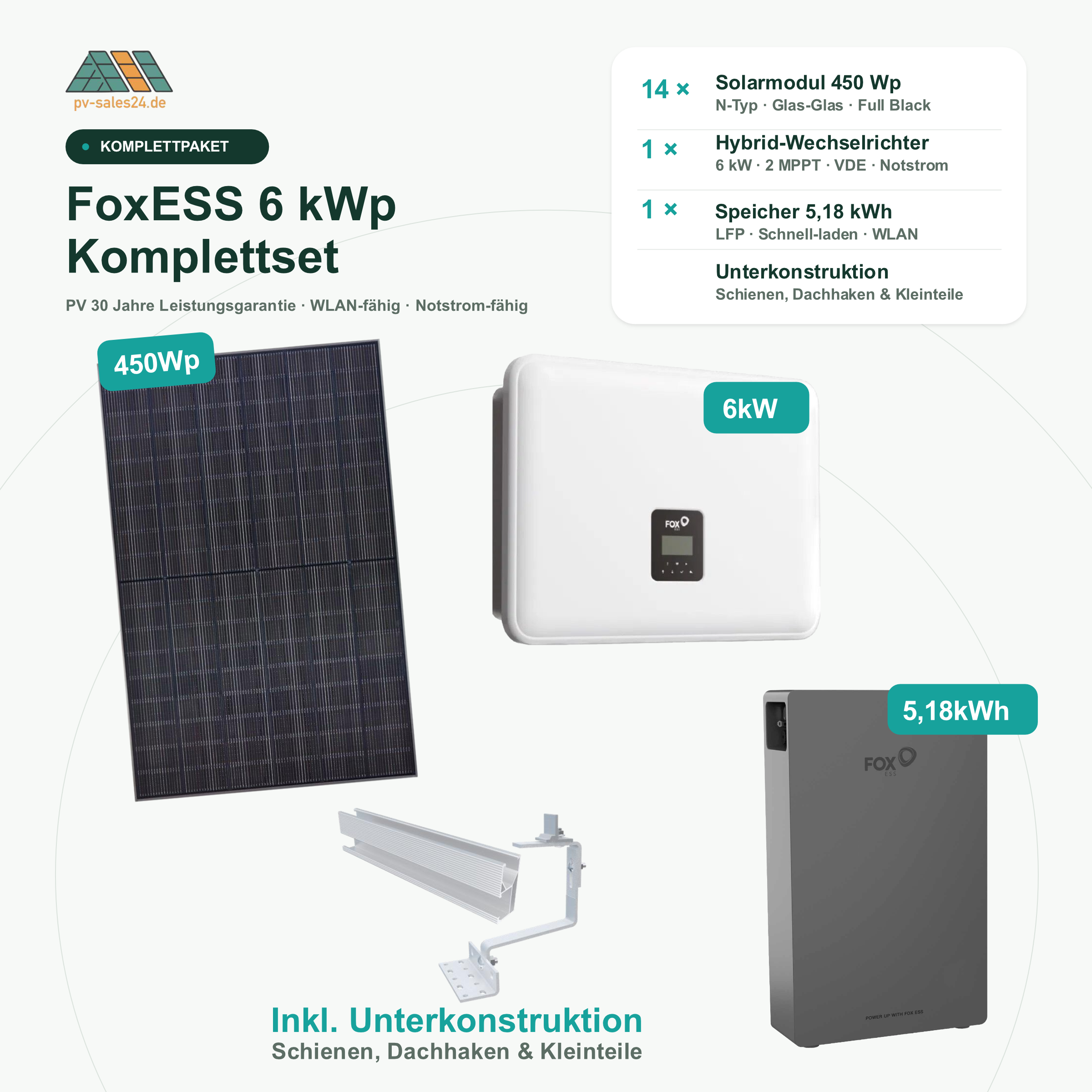 FoxESS 6 kWp Komplettset: 14 Solarmodule 450 Wp Full Black, 6 kW Hybrid-Wechselrichter, 5,18 kWh Speicher und Unterkonstruktion