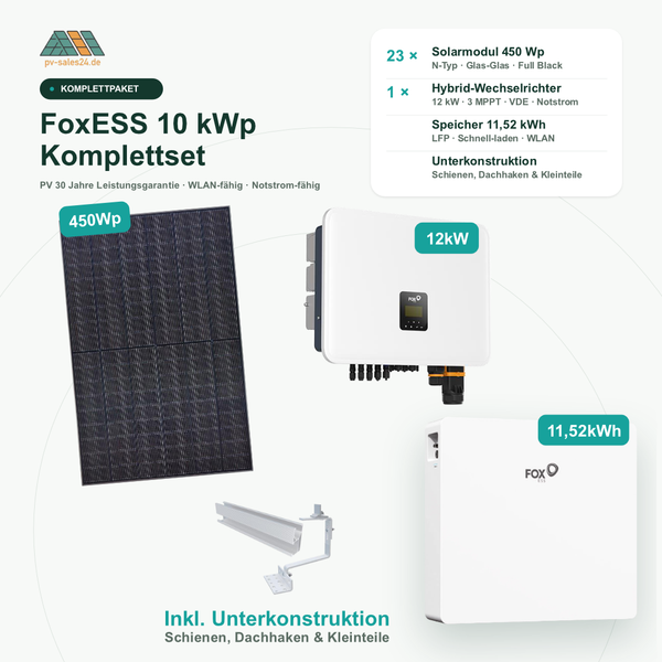 FoxESS 10 kWp Solar Komplettset – 23× 450 Wp Full Black, 12 kW Hybrid-Wechselrichter & 11,52 kWh Speicher