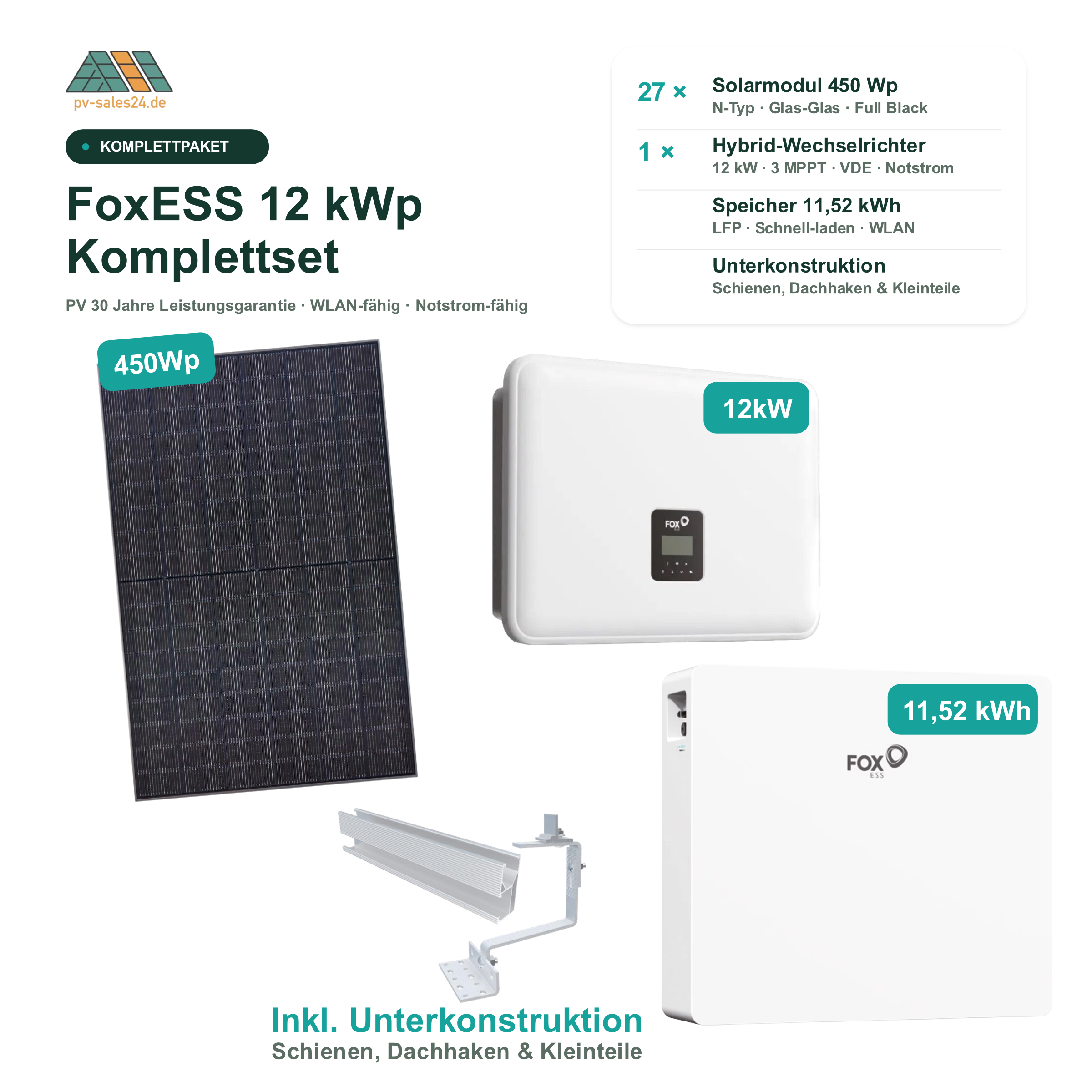 FoxESS 12 kWp Komplettset: 27 Solarmodule 450 Wp Full Black, 12 kW Hybrid-Wechselrichter, 11,52 kWh Speicher und Unterkonstruktion