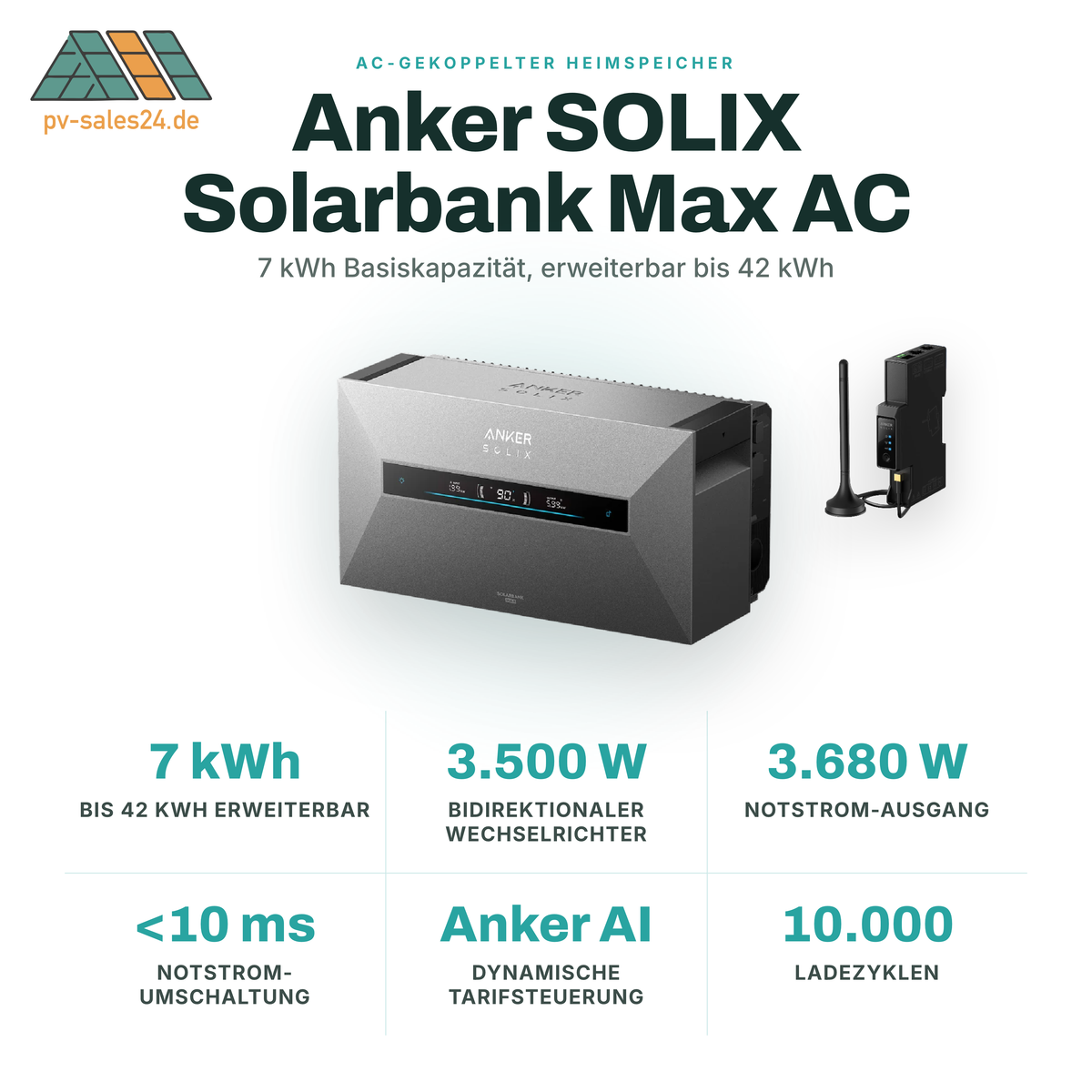 Anker SOLIX Solarbank Max AC - 7 kWh LiFePO4 Heimspeicher, 3500W AC-gekoppelt, erweiterbar 42 kWh, IP66