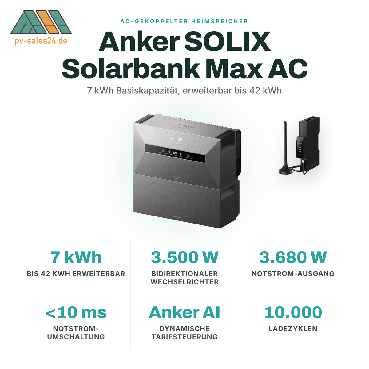 Anker SOLIX Solarbank Max AC - 7 kWh LiFePO4 Heimspeicher, 3500W AC-gekoppelt, erweiterbar 42 kWh, IP66