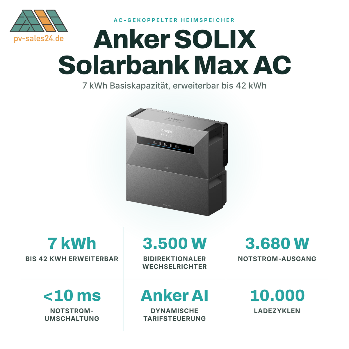 Anker SOLIX Solarbank Max AC - 7 kWh LiFePO4 Heimspeicher, 3500W AC-gekoppelt, erweiterbar 42 kWh, IP66